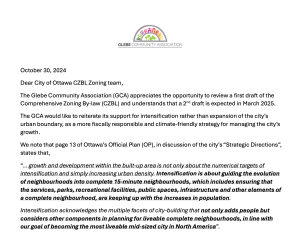 Preview of letter to City of Ottawa CZBL Zoning team about the Comprehensive Zoning By-law first draft